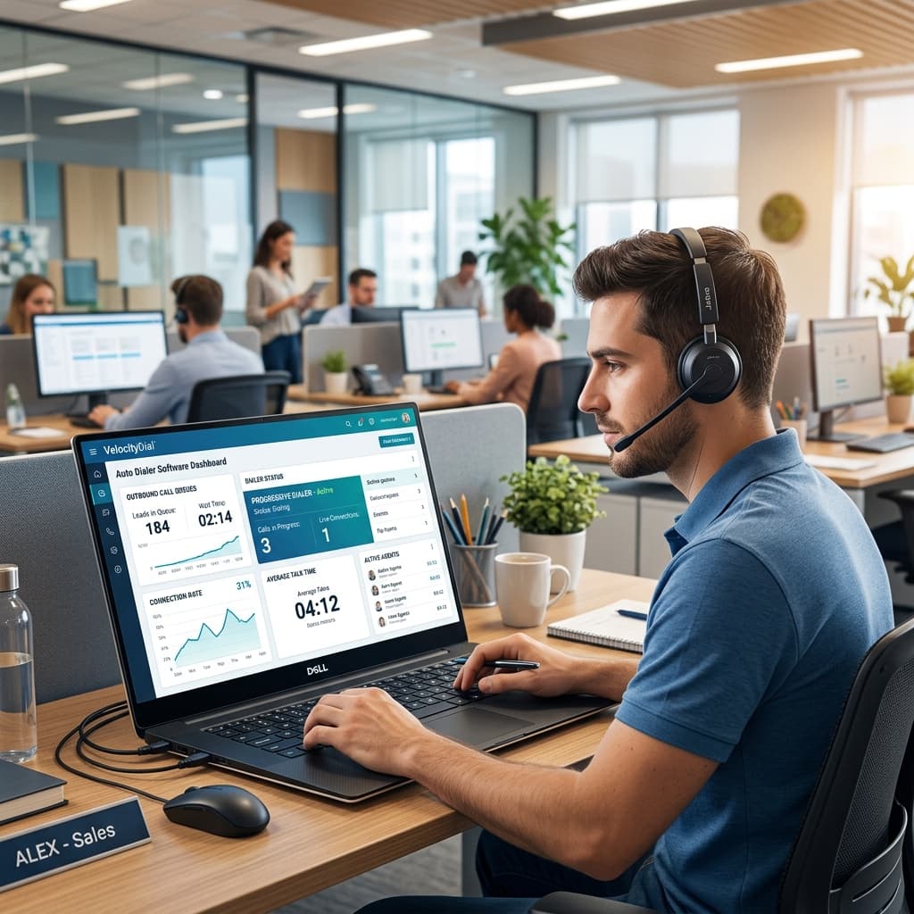 Sales rep using auto dialer software with a dashboard showing outbound call queues, progressive dialer status, and connection rates.