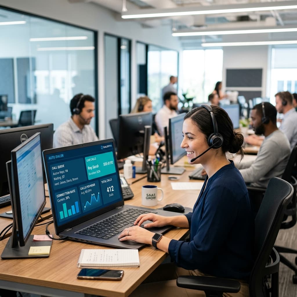 Sales rep using auto dialer software to book more meetings
