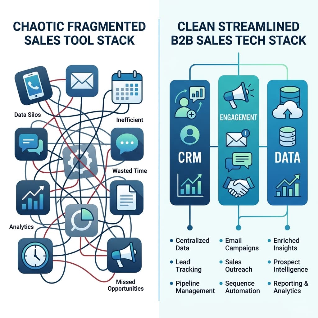 Comparison of a fragmented sales tool stack versus a streamlined B2B sales tech stack with fewer tools.