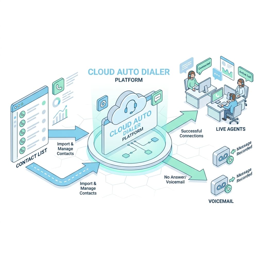 Diagram showing how an auto dialer takes a contact list, dials numbers automatically and connects live calls to sales agents.