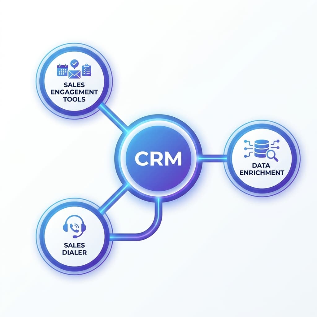 Hub and spoke model demonstrating how to integrate CRM for sales teams with a sales dialer / auto dialer and data tools.