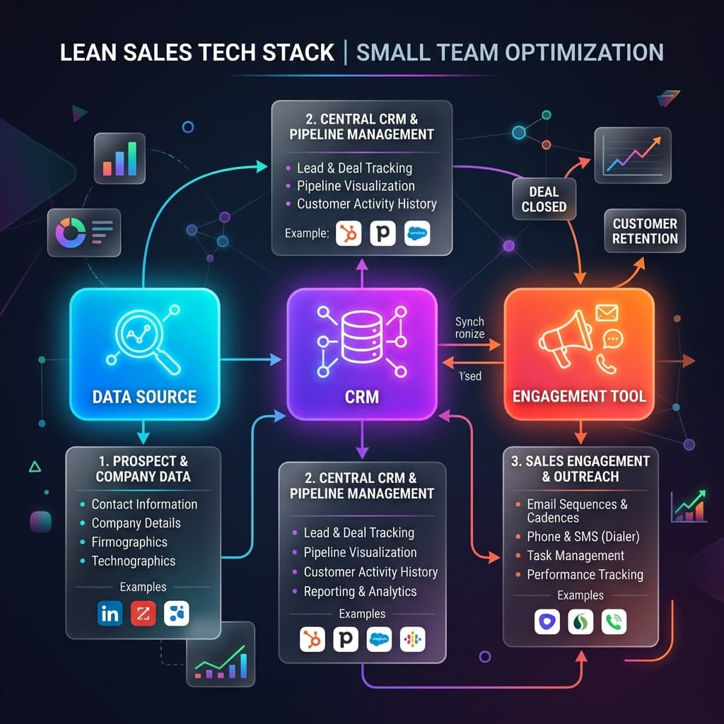 Diagram of a lean sales tech stack for small teams showing CRM, engagement tool and data source.