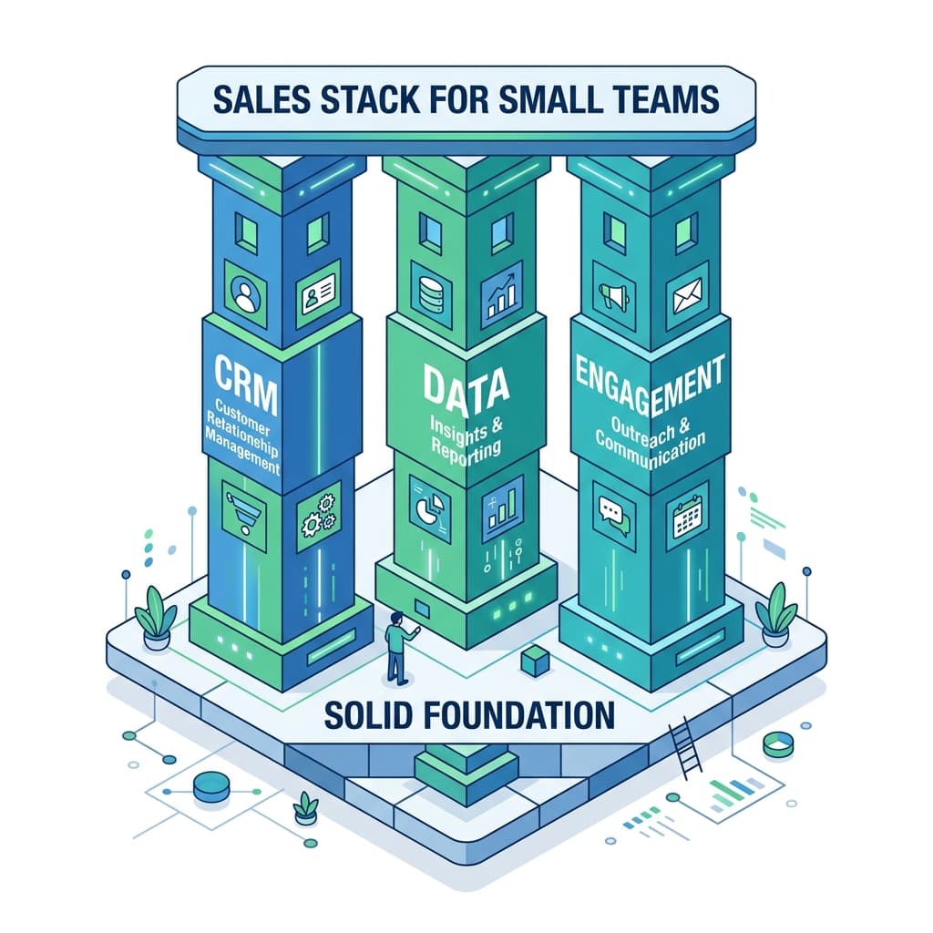 The three essential layers of a sales stack for small teams: CRM for sales teams, prospecting data, and sales engagement tools.
