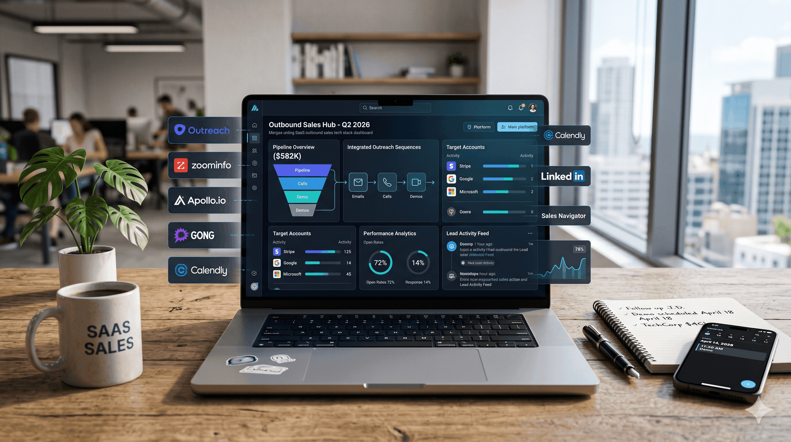 Photorealistic laptop showing a SaaS sales dashboard where multiple app windows merge into one simple modular outbound sales platform.