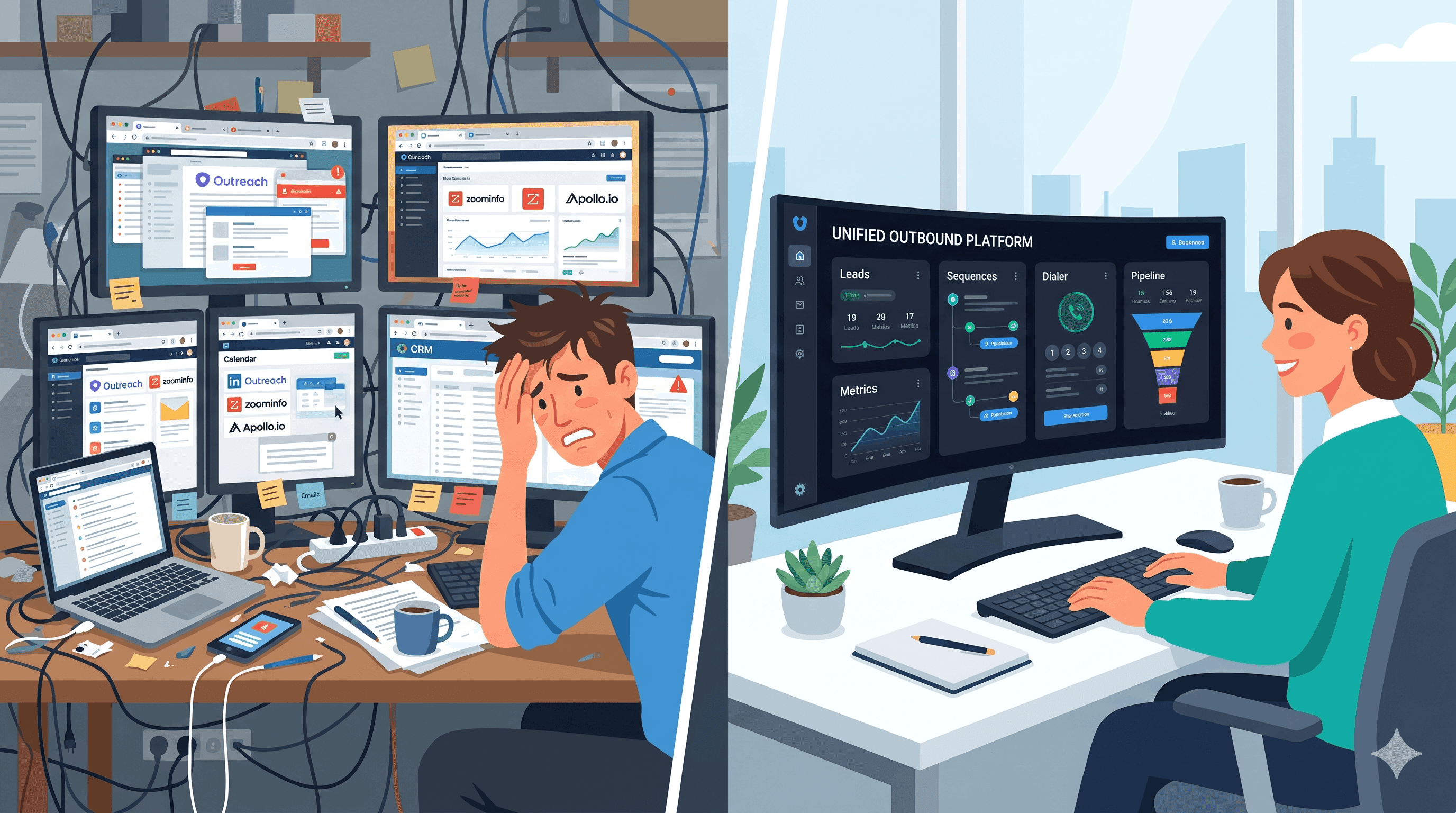 Split screen illustration of an outbound sales tech stack, left side messy desk with many tools, right side clean modular sales platform on one screen.