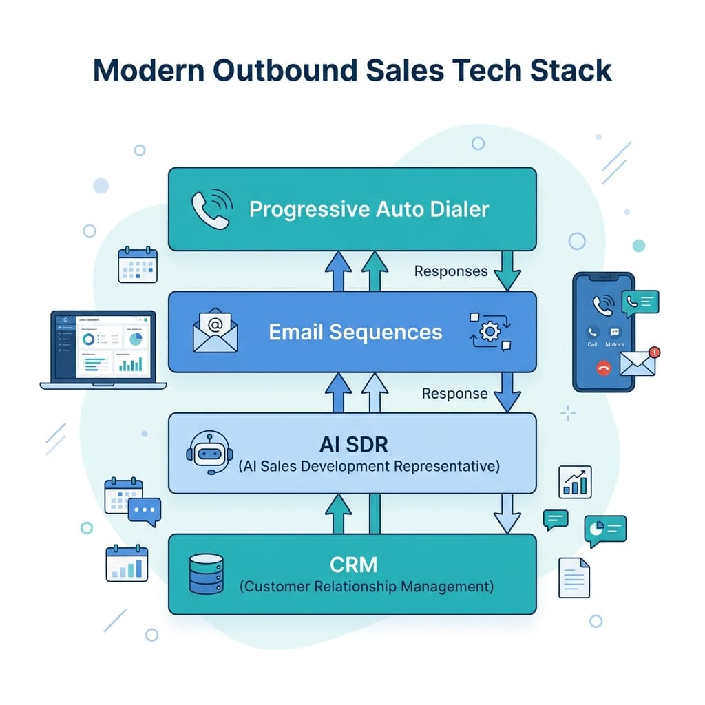 Modern outbound sales tech stack diagram showing CRM, progressive auto dialer software, email sequences, and AI SDR all connected.
