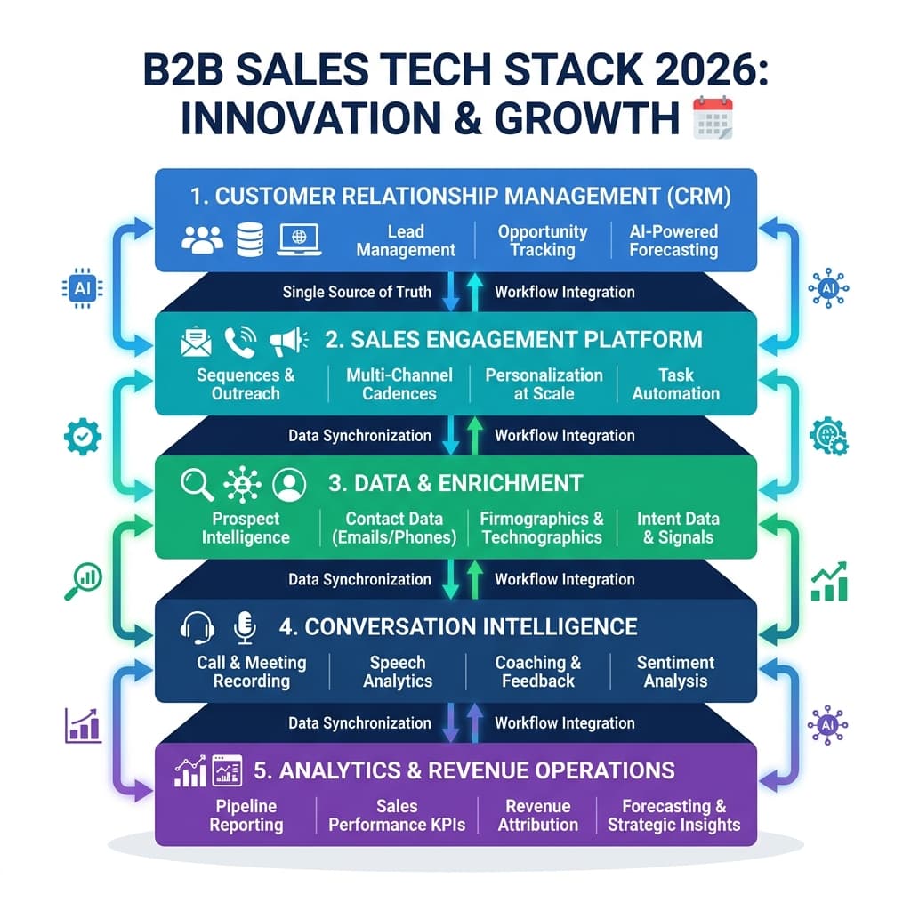 Flat infographic illustration of a B2B sales tech stack in 2026 showing core layers like CRM and sales engagement.