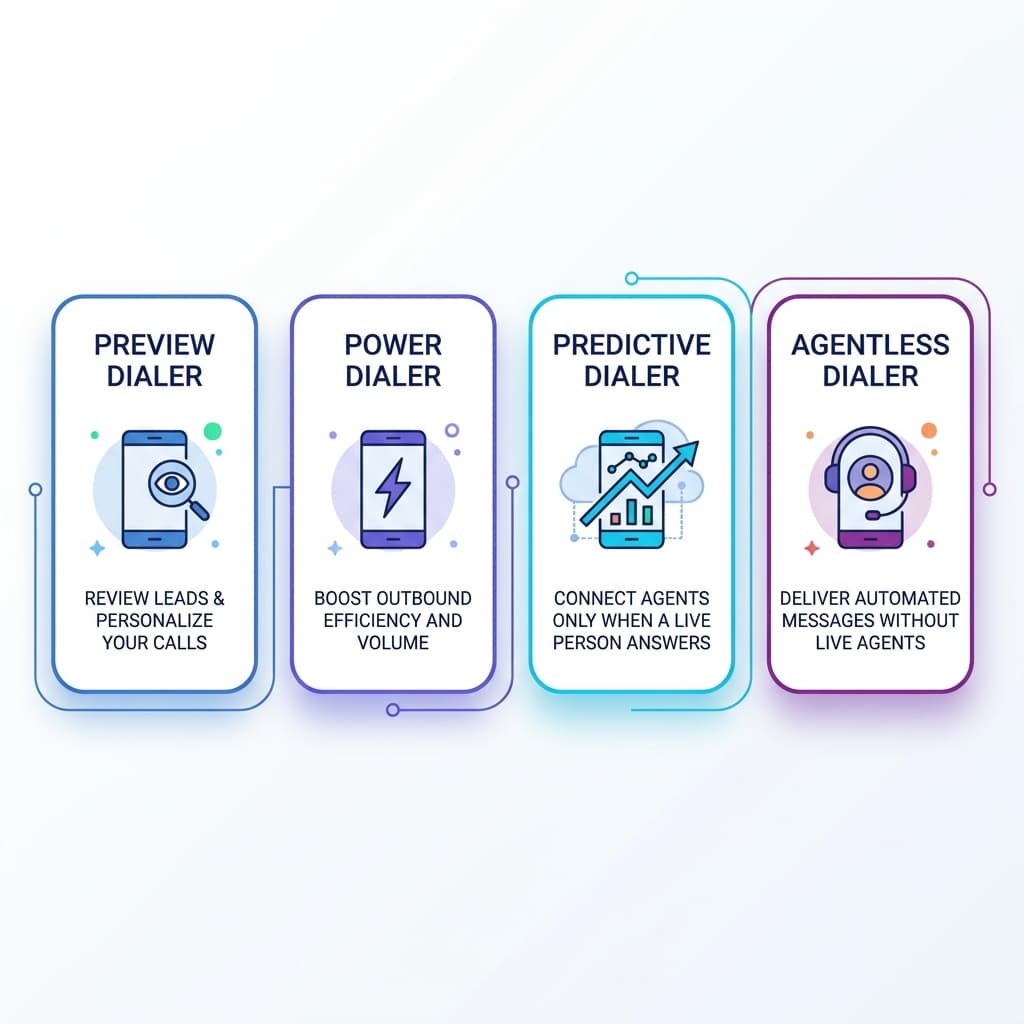 Infographic with four types of auto dialers: preview dialer, power dialer, predictive dialer and agentless dialer, each with a short benefit.