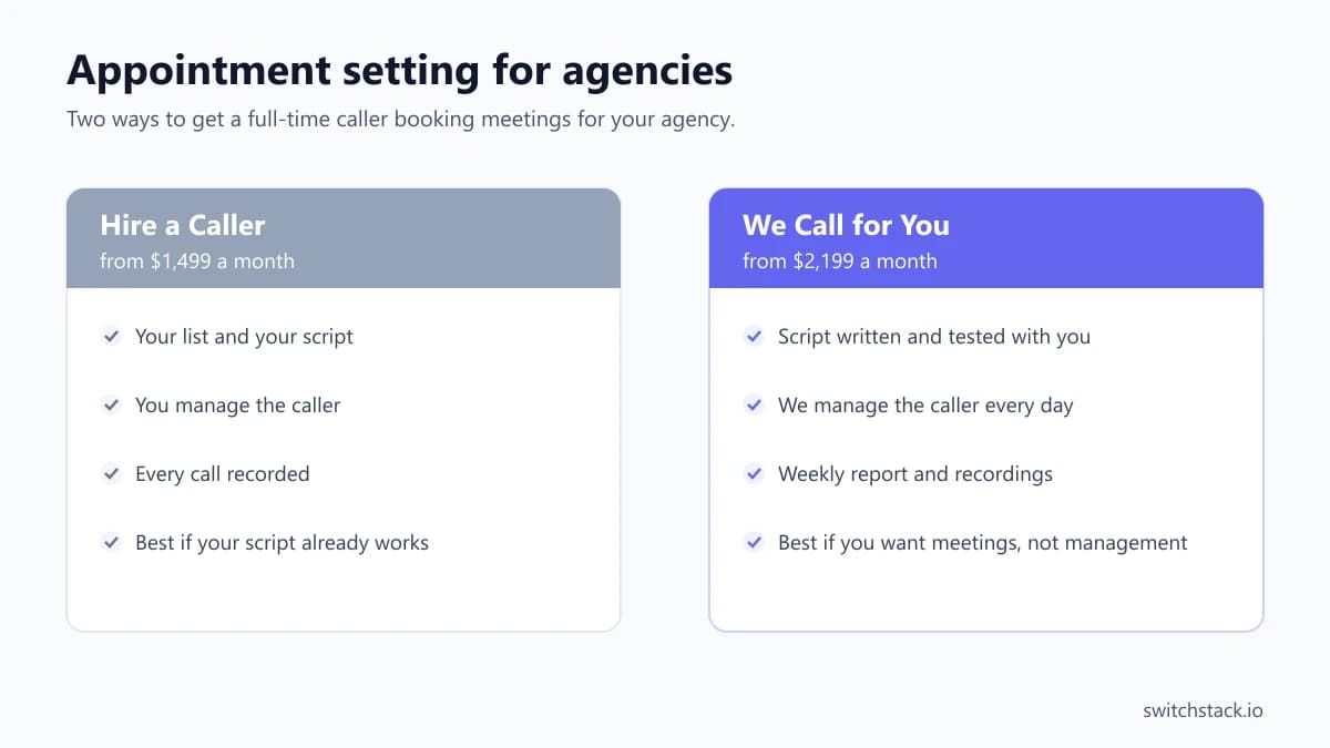 Appointment setting for marketing agencies: hire a caller who works your list, or have us run the calling for you