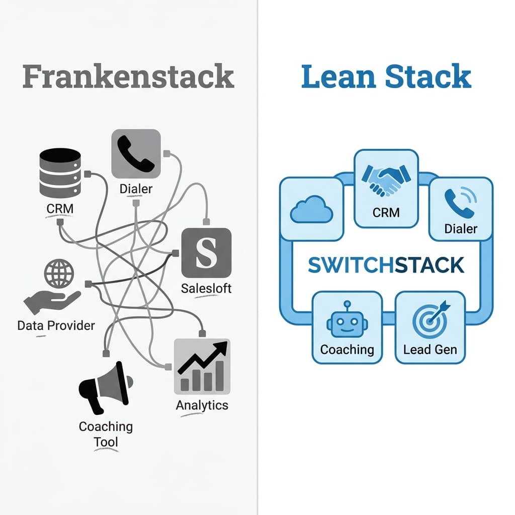 Split-screen diagram comparing a lean sales tech stack with Switchstack on the right to a complex Frankenstack of multiple tools including Salesloft on the left.