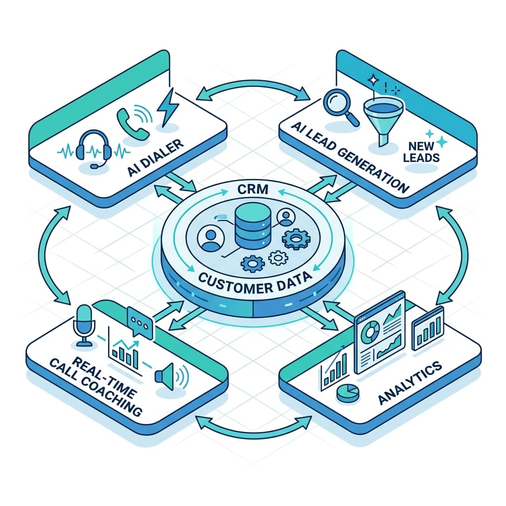 Diagram of an AI sales platform architecture with four connected blocks for AI dialer, CRM, real-time call coaching and AI lead generation, all sharing the same data layer.