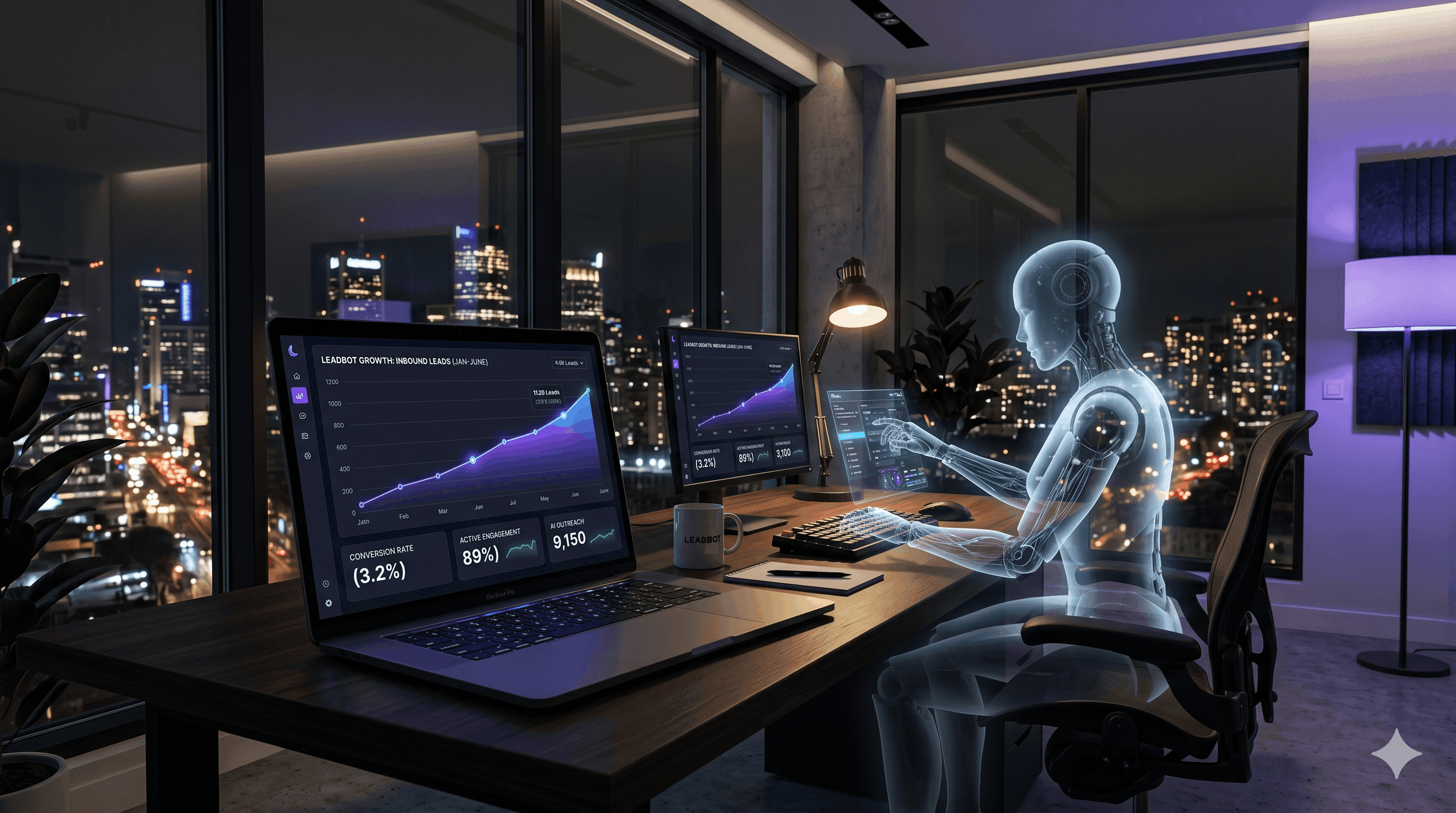 Photorealistic illustration of a 24/7 AI growth engine, with an AI SDR working at a glowing SaaS dashboard at night while no human is at the desk.