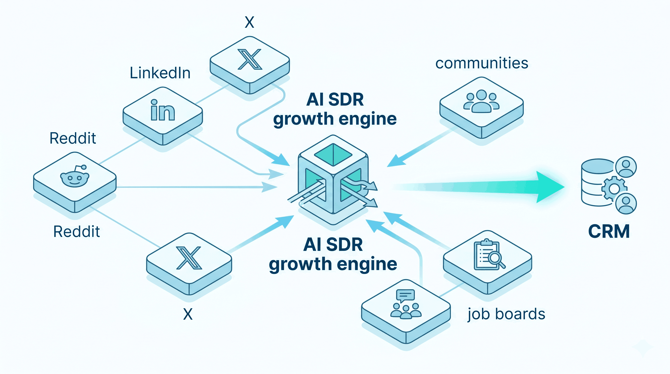 Flat infographic timeline showing five AI growth engine workflows for intent-based lead generation, from recommendation threads to job and funding signals.