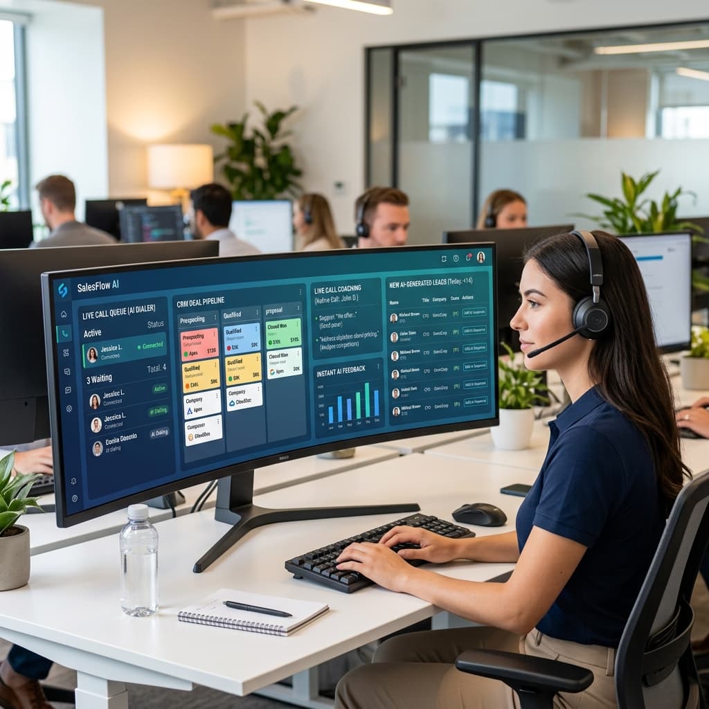 Sales rep using an AI sales platform with a unified dashboard showing dialer calls, CRM pipeline, real-time call coaching tips and new AI-generated leads.
