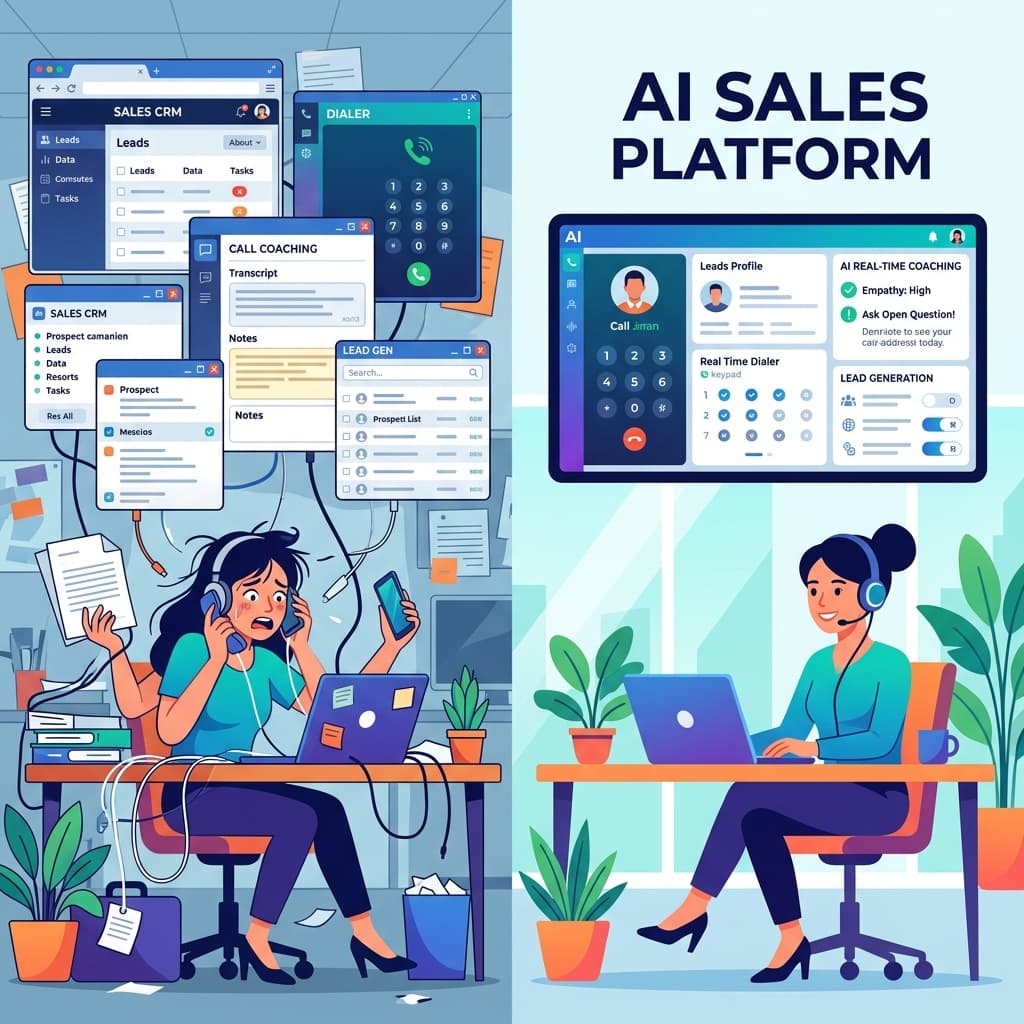 Split screen image comparing multiple disconnected sales tools on the left with one integrated AI sales platform that combines dialer, CRM, call coaching and lead generation on the right.