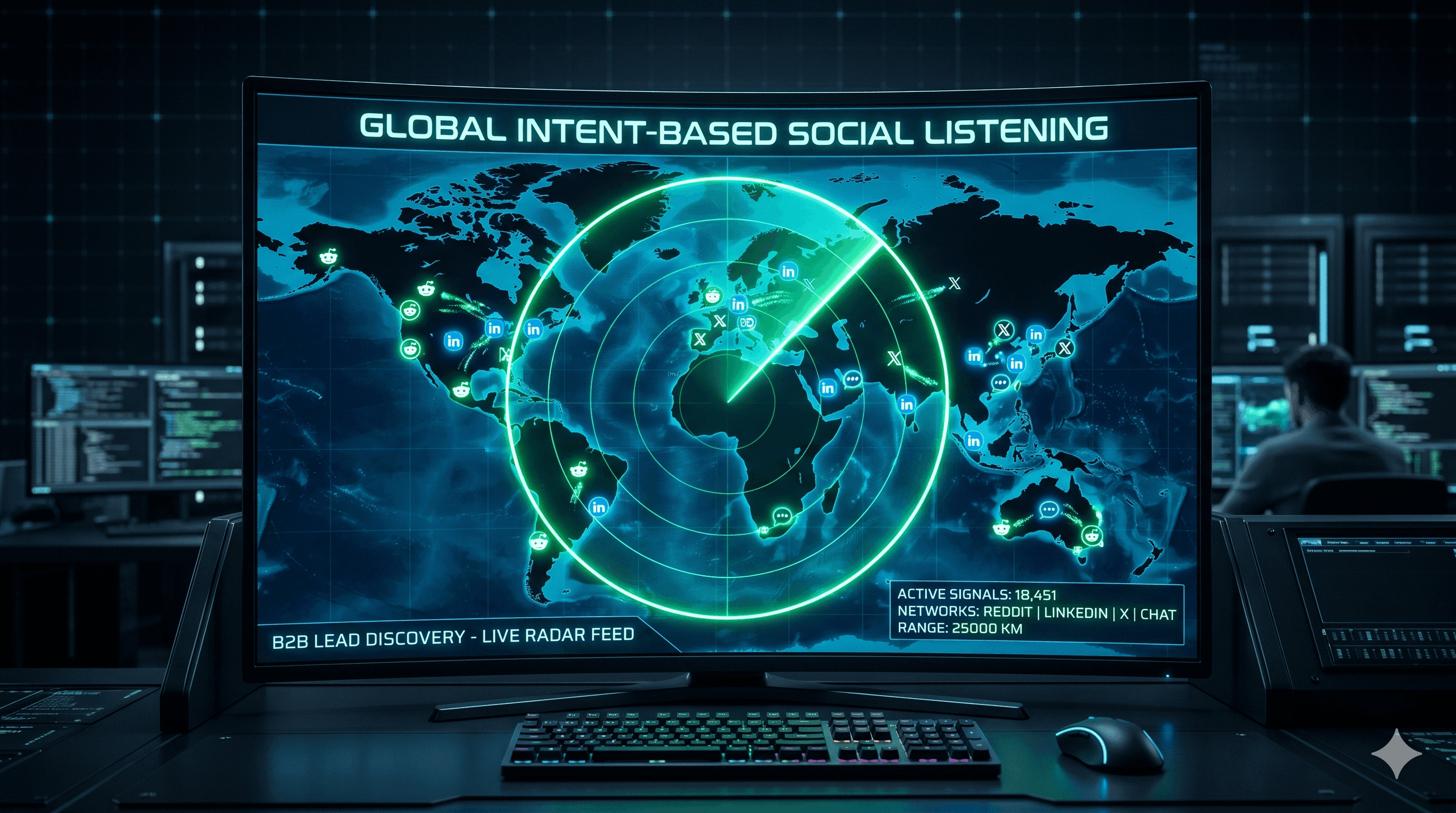 Flat isometric diagram of an AI SDR growth engine taking signals from Reddit, LinkedIn, X and other channels and sending qualified leads into a CRM.