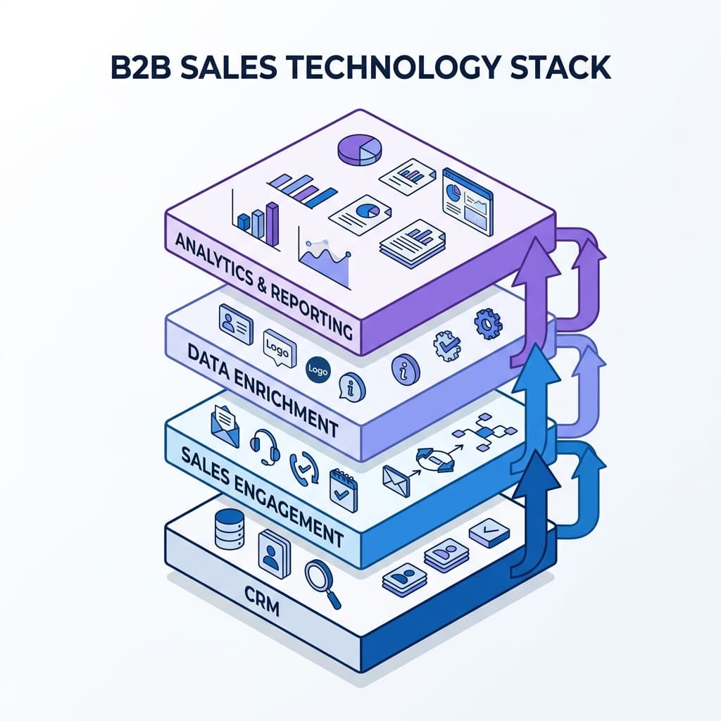 Layered diagram of a B2B sales stack with four blocks labeled CRM, sales engagement, data enrichment and analytics stacked on top of each other.