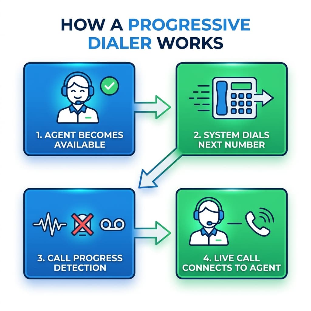 Simple flow diagram showing a progressive dialer waiting for an agent to be free, dialing one number, detecting live answer, then connecting the call to the agent.