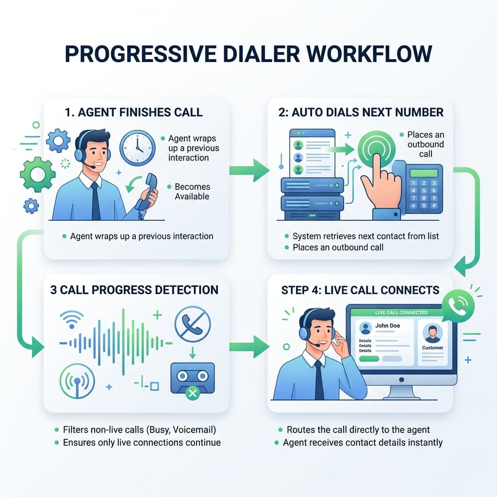 Flow diagram showing a progressive dialer waiting for an agent to be available, dialing one number, detecting a live answer, and then connecting the call to that agent.