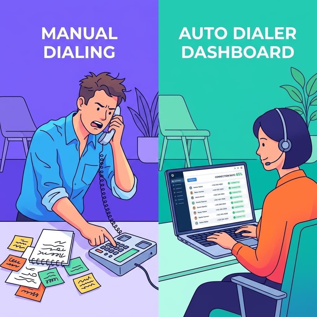 Split screen comparing manual dialing with a stressed sales rep and automated auto dialer software with a calm, productive rep.