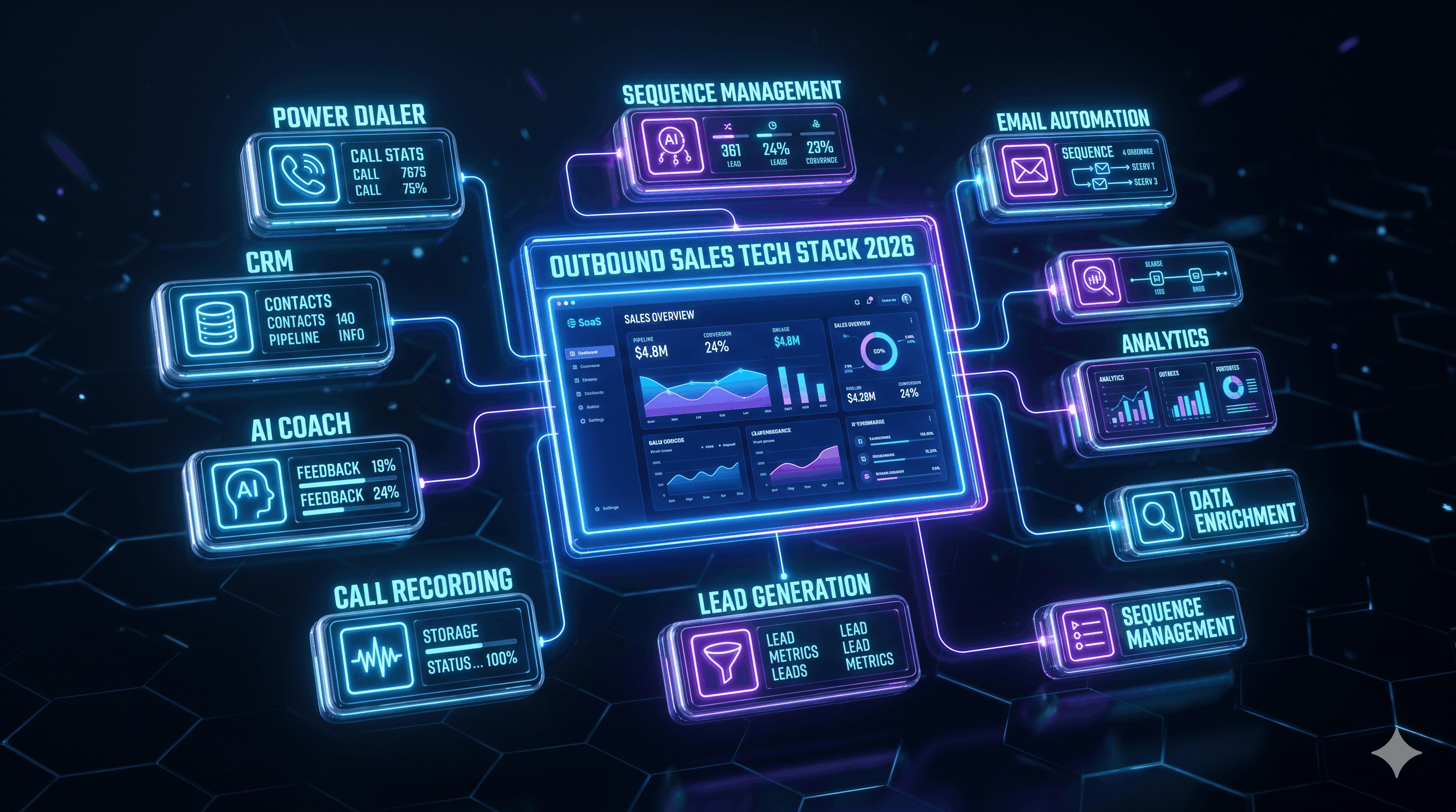 3D illustration of a glowing SaaS screen labeled outbound sales tech stack 2026 with floating modules for power dialer, CRM, AI coach, call recording and lead generation.
