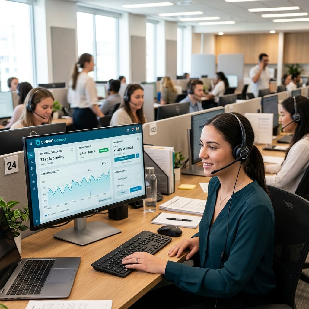 Call center agent using progressive dialer software with a dashboard showing outbound call queue, live agent status, and connection rates.