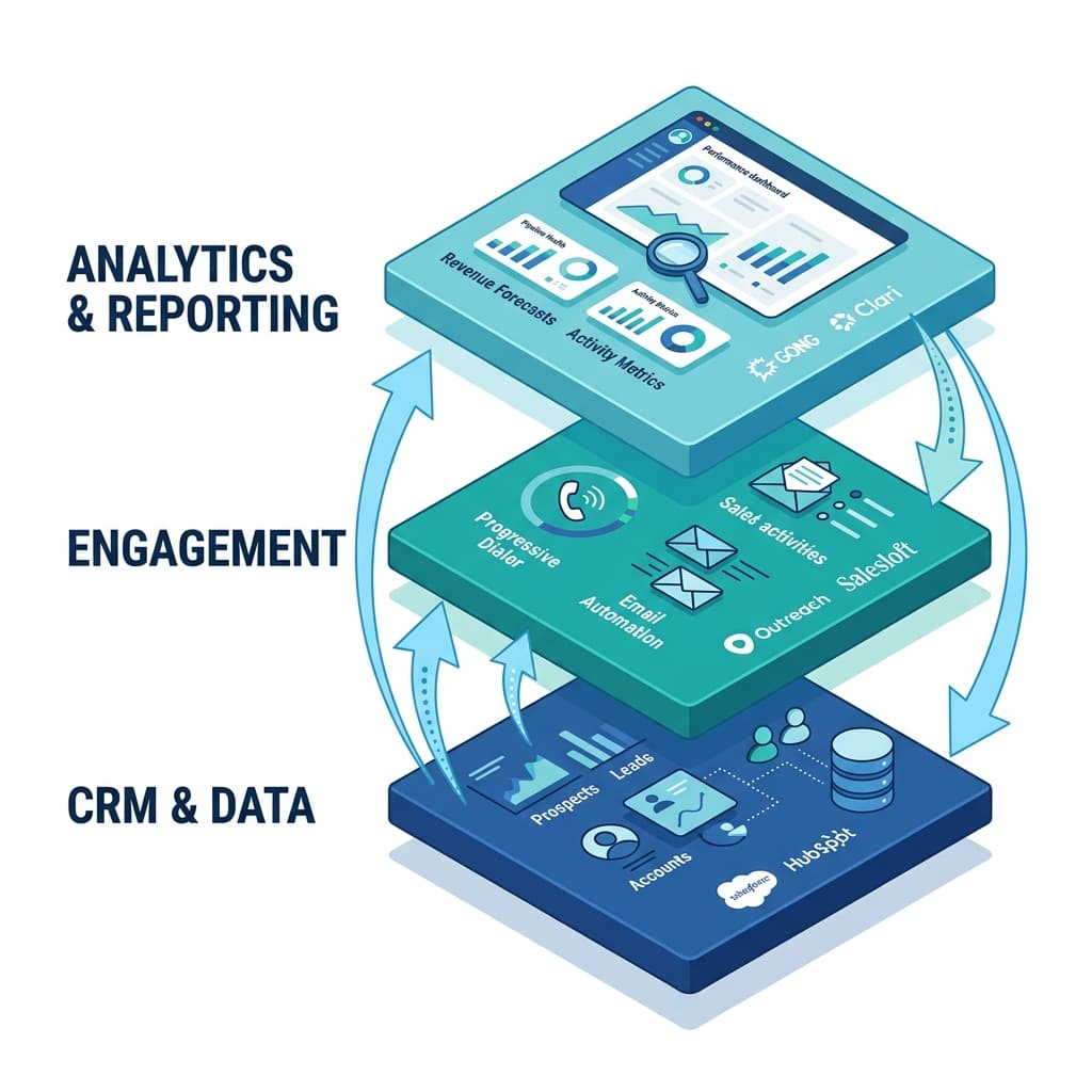 Layered diagram of a B2B sales tech stack with CRM at the bottom, progressive dialer and email engagement in the middle and analytics on top, all connected.