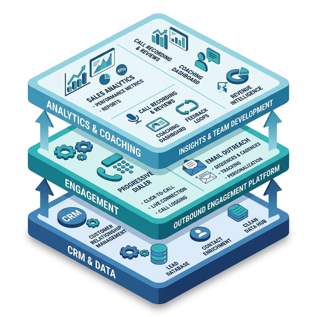 Layered B2B sales tech stack diagram with CRM at the bottom, progressive dialer and email engagement in the middle, and analytics and coaching on top, all connected.
