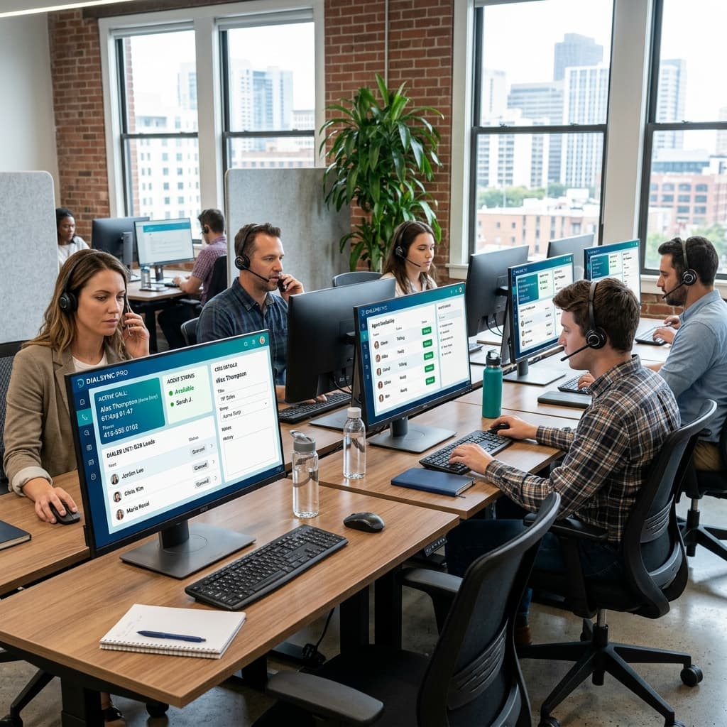 Progressive dialer for small sales teams in a modern B2B office environment, showing a CRM-connected dashboard.