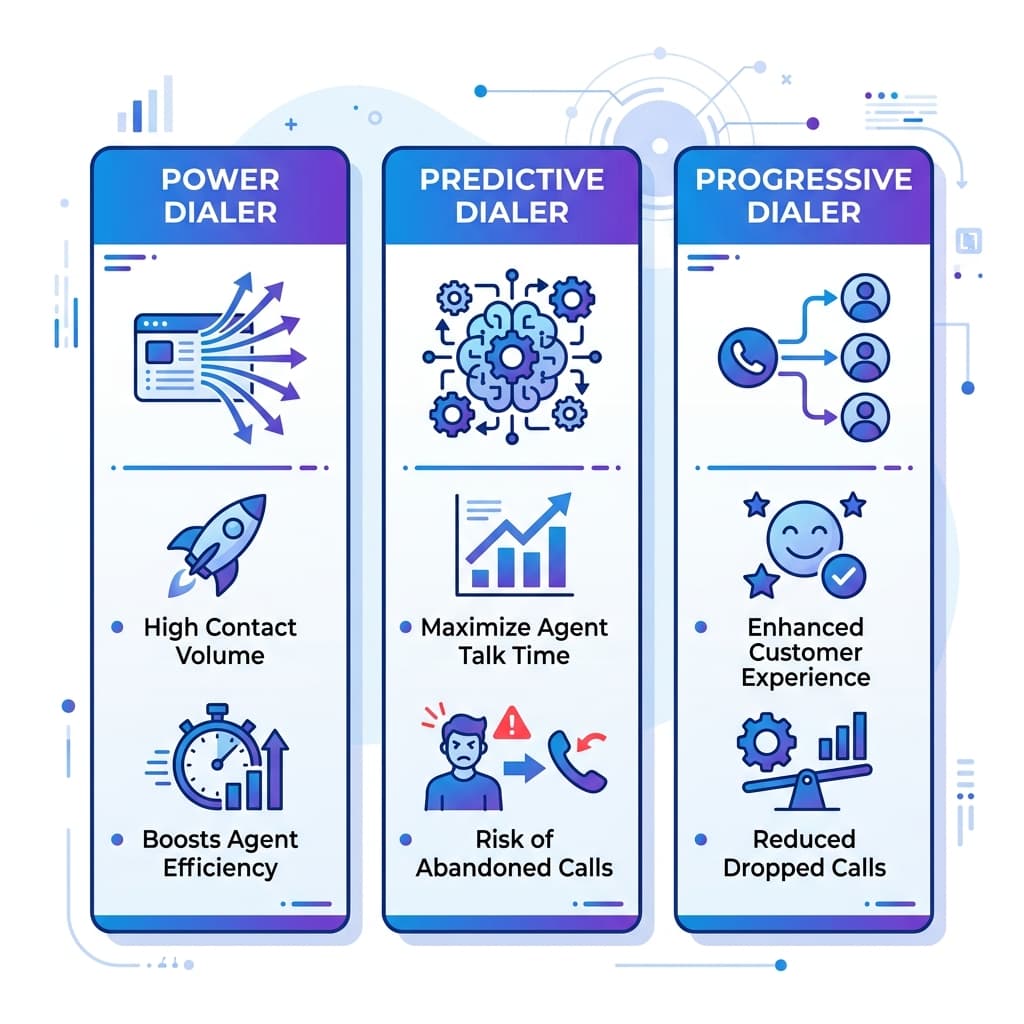 Comparison graphic with three columns labeled power dialer, predictive dialer and progressive dialer showing differences in call pacing, abandoned calls and customer experience.