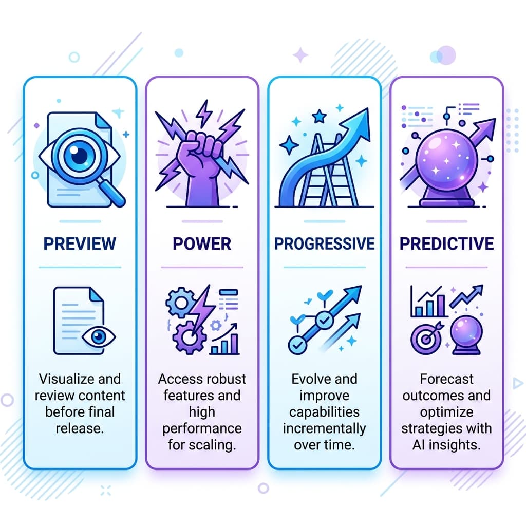 Comparison graphic with four columns labeled preview, power, progressive and predictive dialer showing one key difference in call pacing and customer experience.