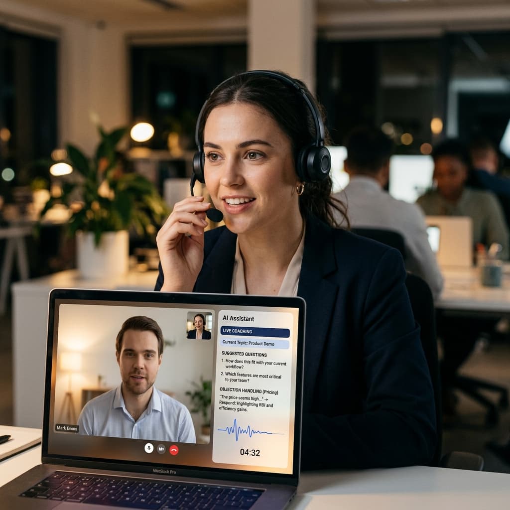 Sales rep on a live sales call with an AI assistant sidebar showing real-time coaching prompts, objection handling suggestions and talk-time guidance.