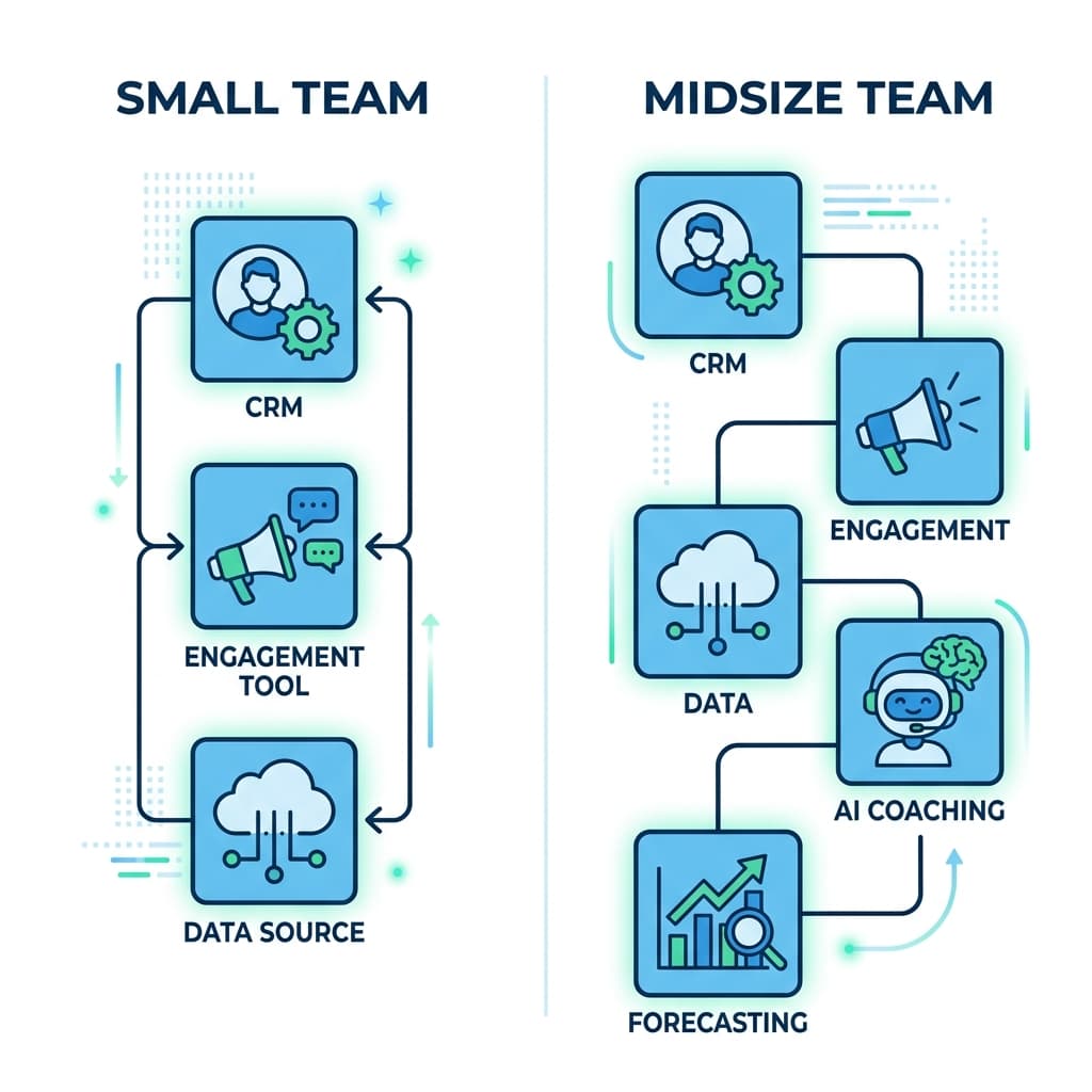 Comparison graphic showing a simple three-tool sales stack for a small B2B team next to a slightly larger stack with added AI coaching and forecasting for a midsize team.