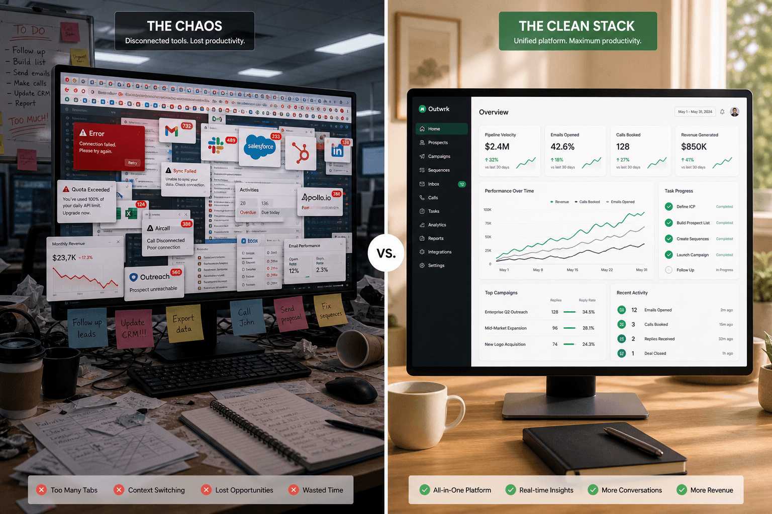 Sales team comparing bloated multi-tool setup versus lean unified sales tech stack